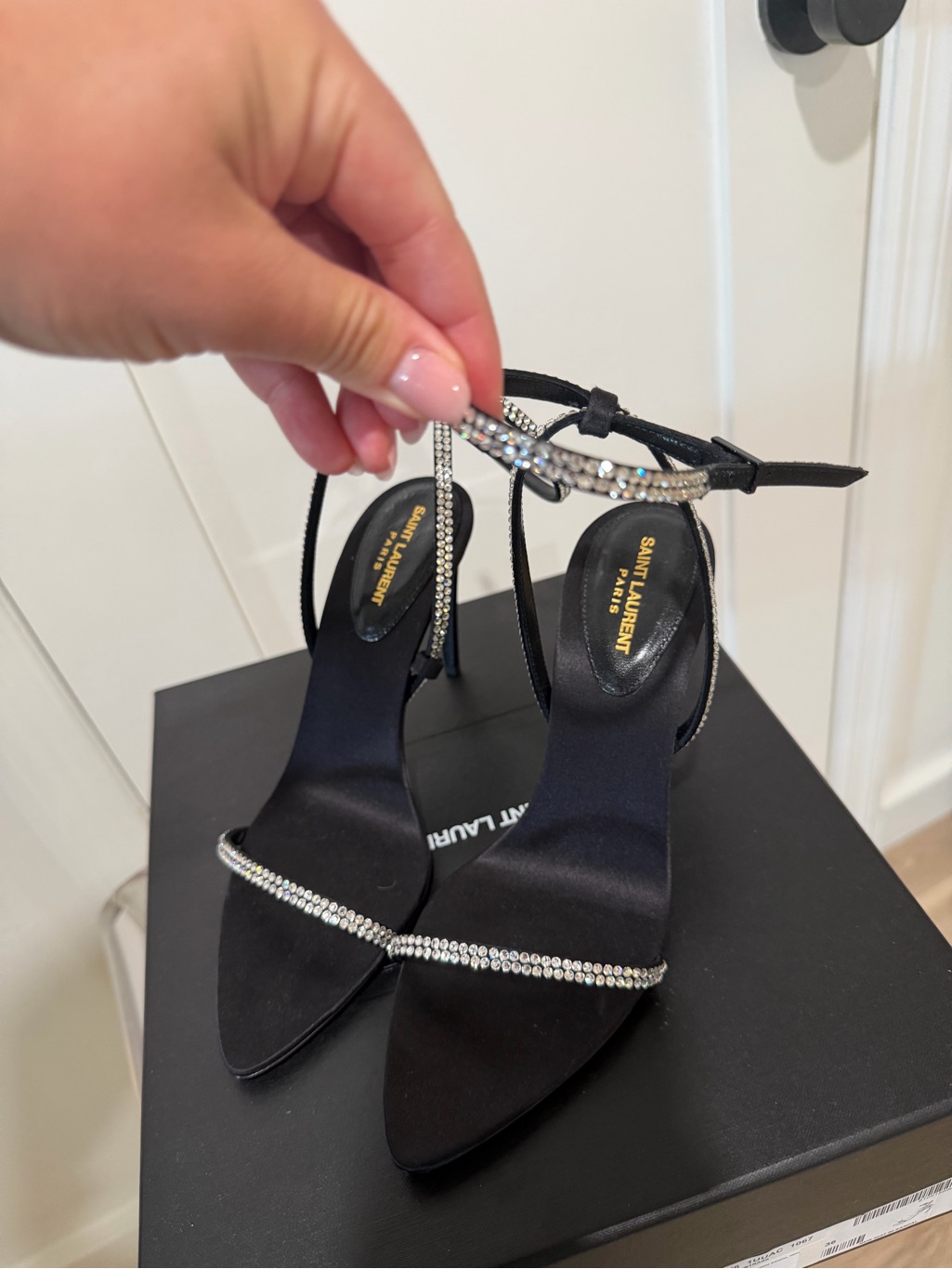 Saint Laurent Black Satin Crystal-Strap Stiletto Sandals